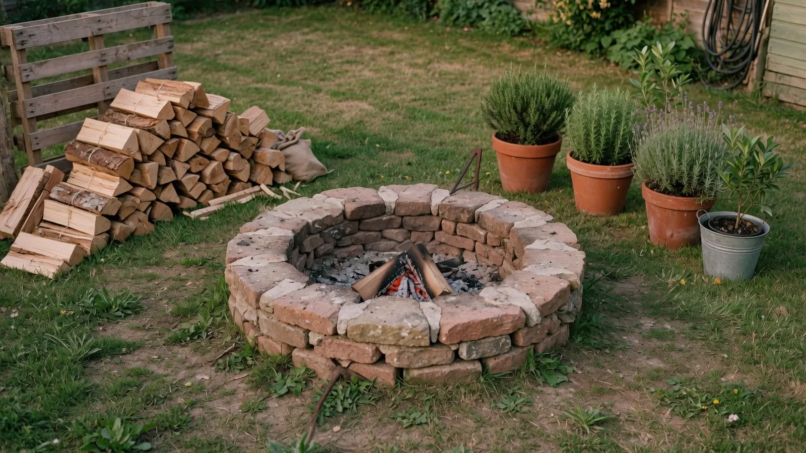 A rustic stone fire pit ring nestled in a grassy backyard surrounded by stacked firewood.