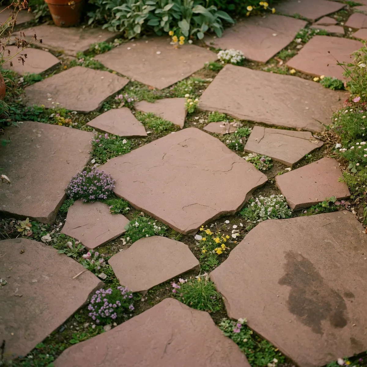 Flat irregular flagstone slabs set in a garden walkway with small flowering plants growing between the gaps.