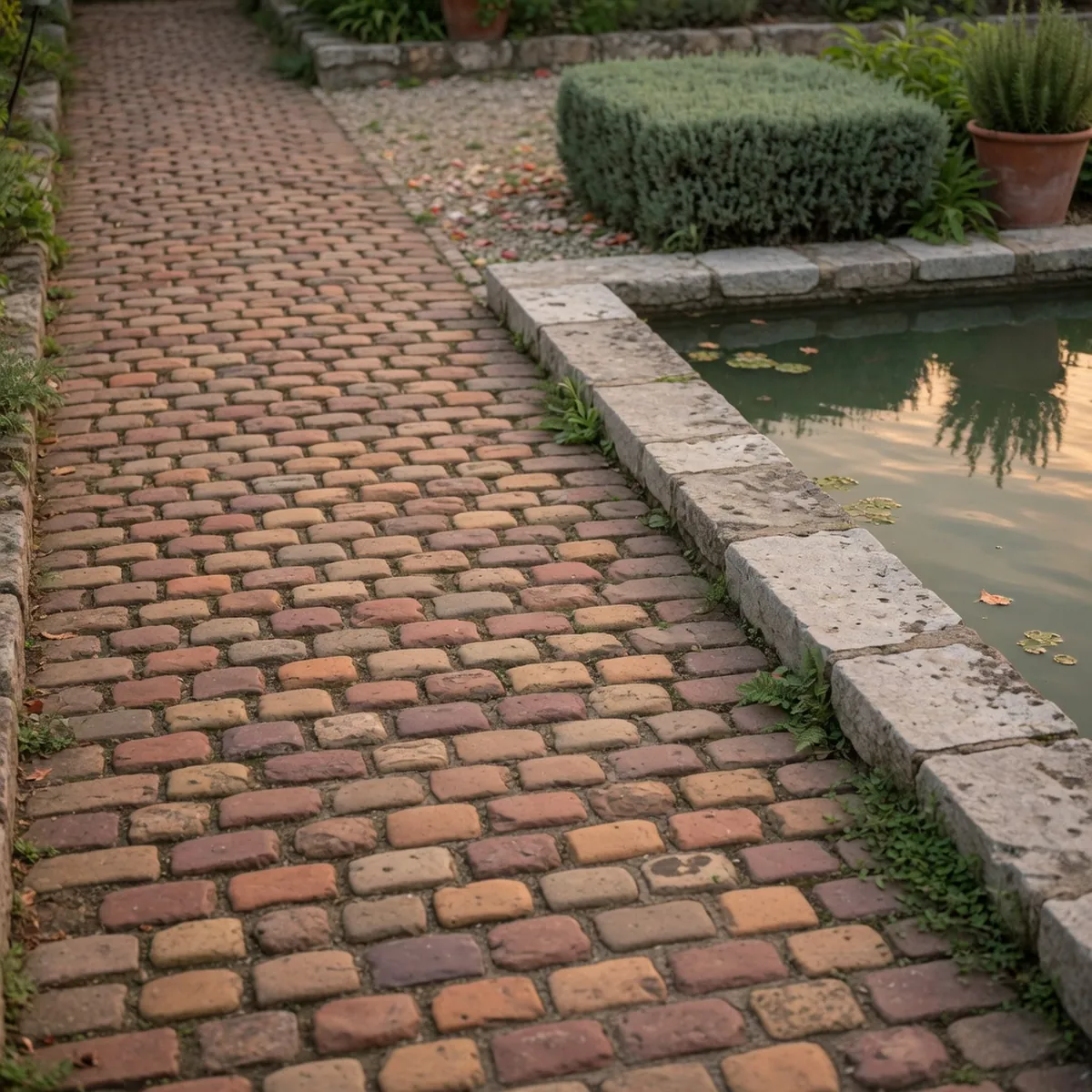 Rounded cobblestones tightly packed along a garden path beside a small stone-edged water feature.