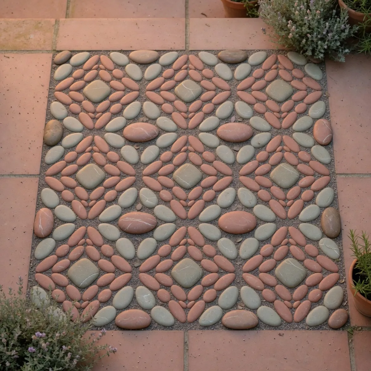 Smooth oval pebbles arranged in a geometric mosaic pattern on a modern garden terrace.
