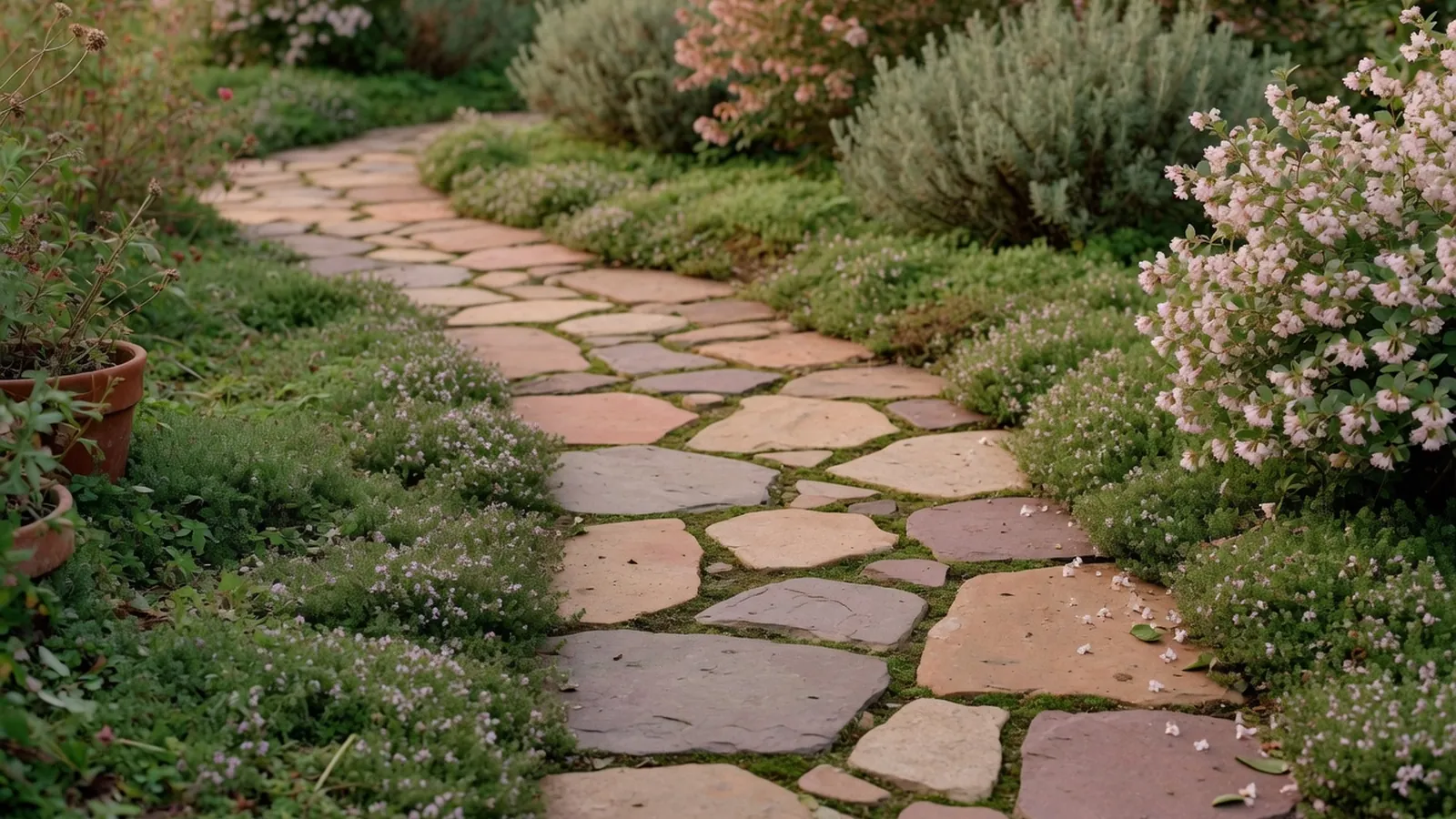A winding garden path paved with irregular natural stones flanked by green ground cover and flowering shrubs.