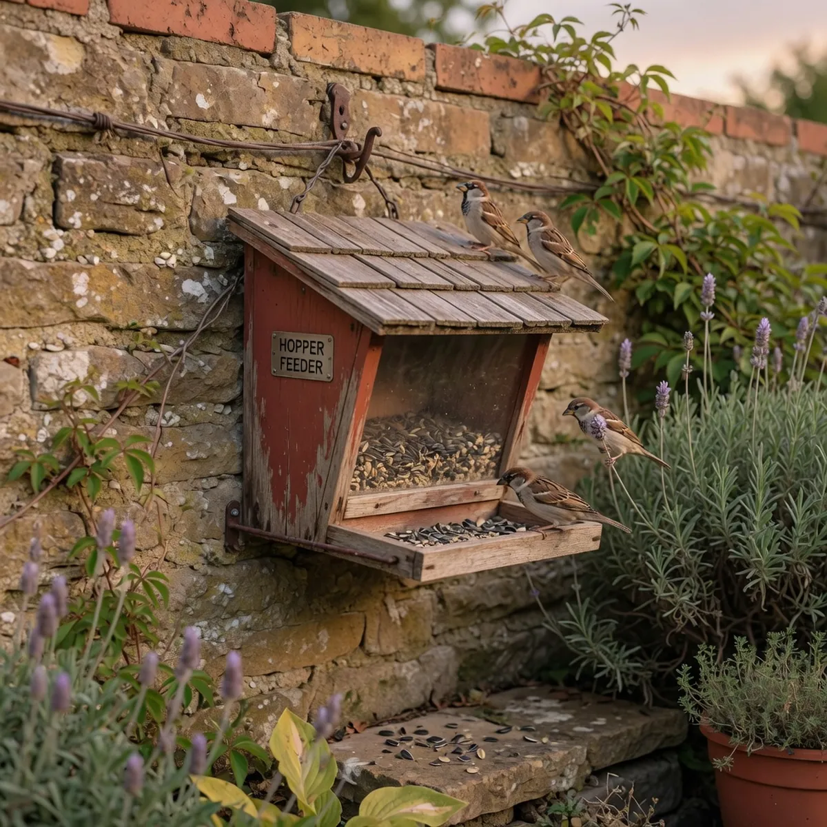A rustic wooden hopper bird feeder mounted on a stone patio wall.