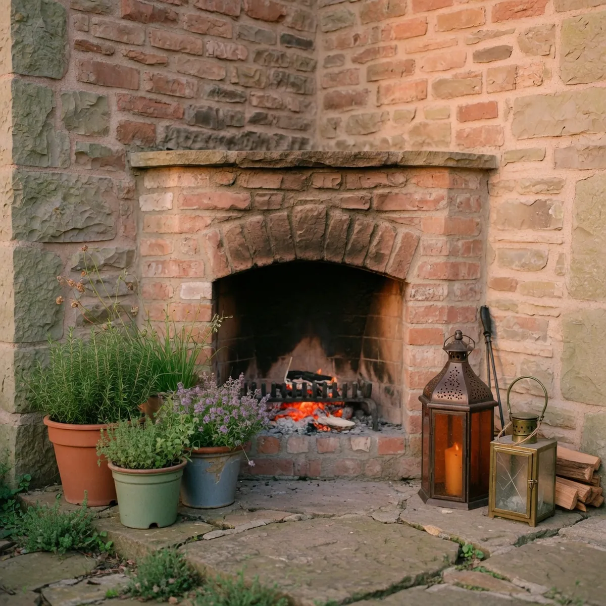 A small masonry fireplace built into a stone patio corner with glowing embers.