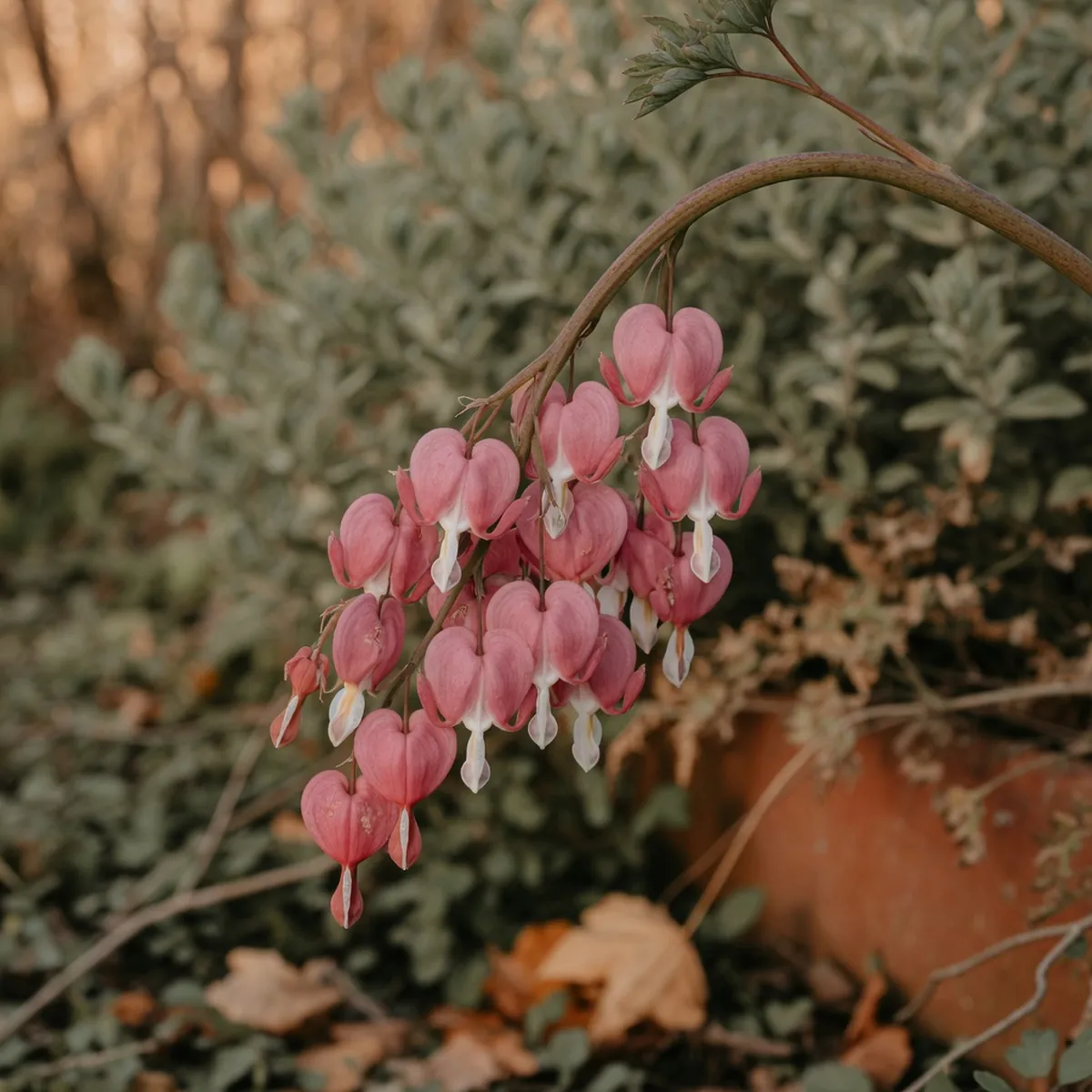 A cluster of pink, heart-shaped flowers with white inner petals hangs from an arching stem against a soft-focus woodland background.