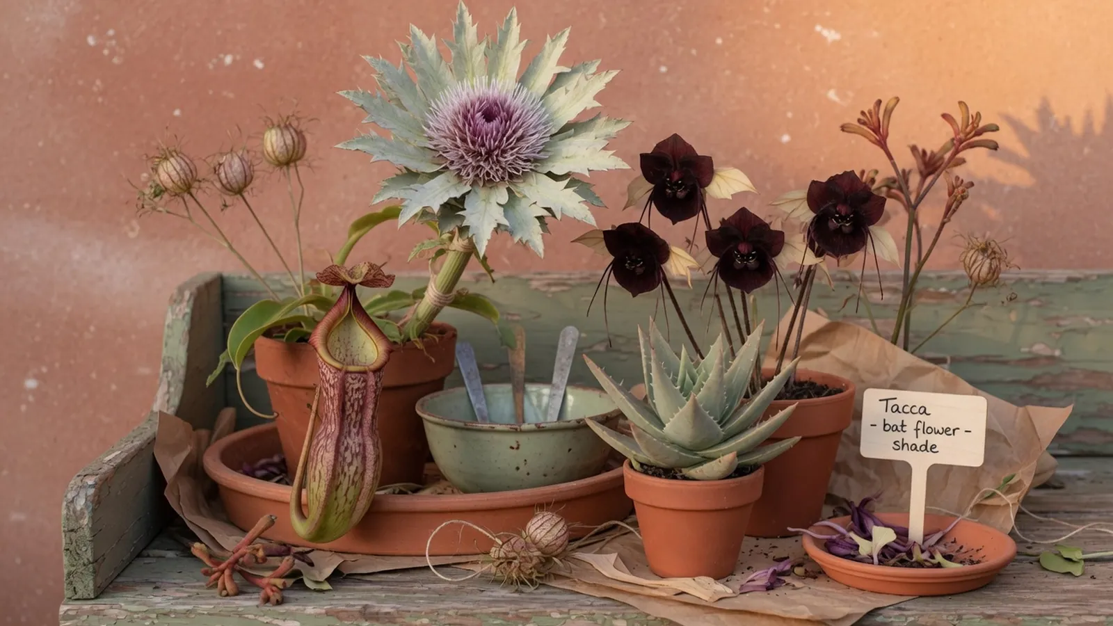 A curated display of unusual flowers highlights diverse and captivating botanical shapes in natural light.
