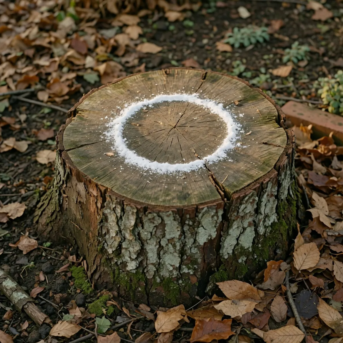 A weathered tree stump with a ring of white crystalline powder spread across its flat top surface.