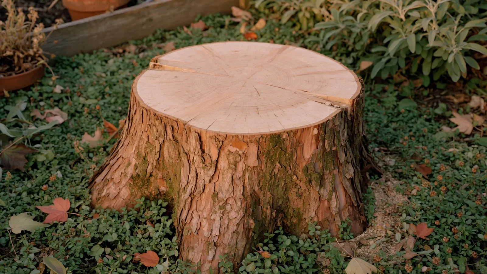 A freshly cut tree stump in a quiet garden setting surrounded by green ground cover.