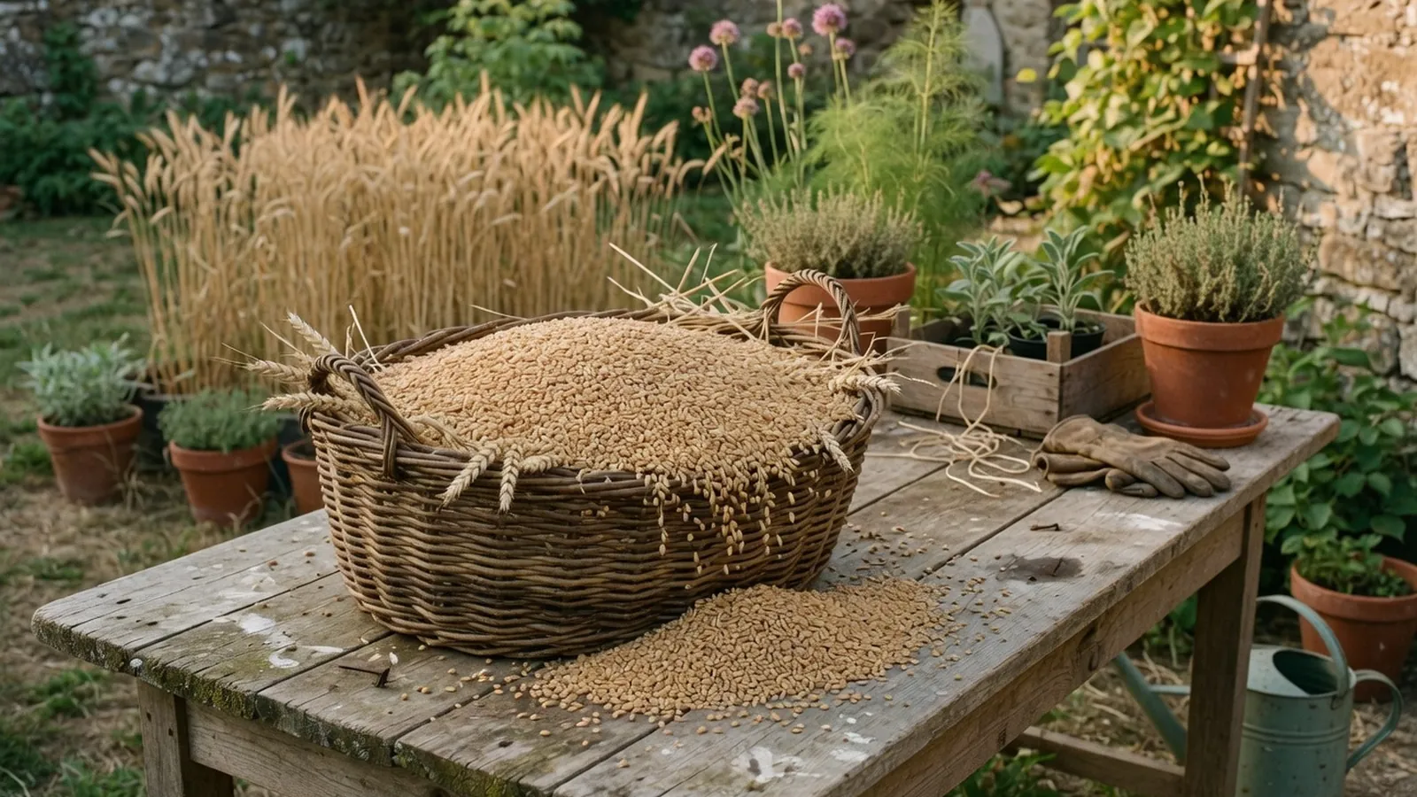 A woven basket overflowing with freshly harvested wheat grains sits on a weathered wooden table in a sunlit garden.