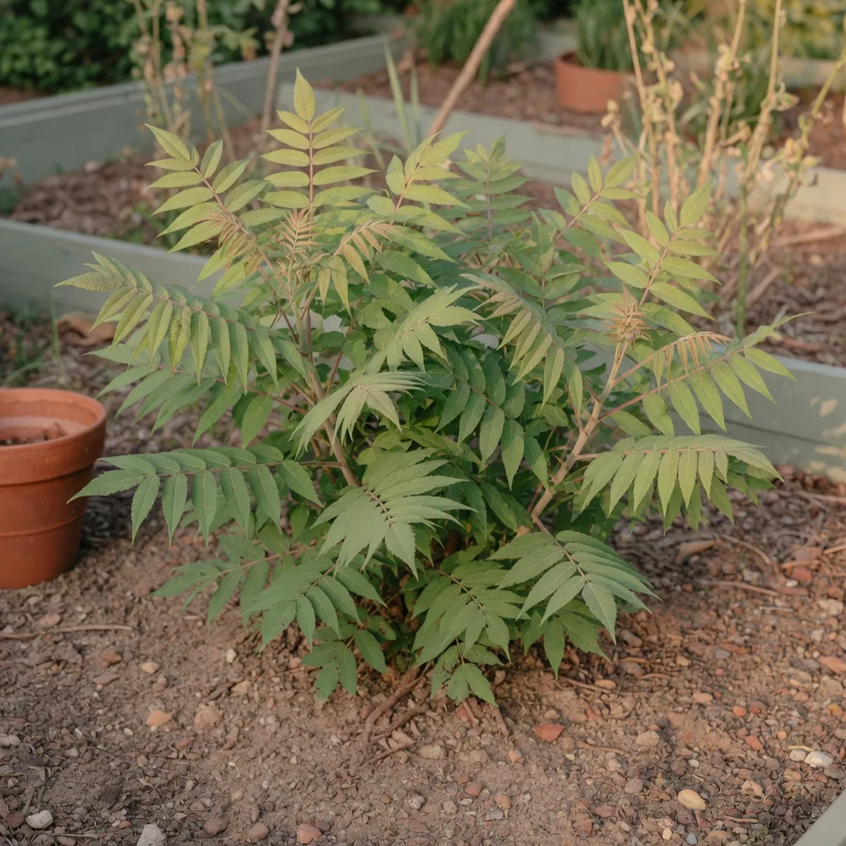 A healthy sumac shrub planted in well-drained soil under bright sunlight.