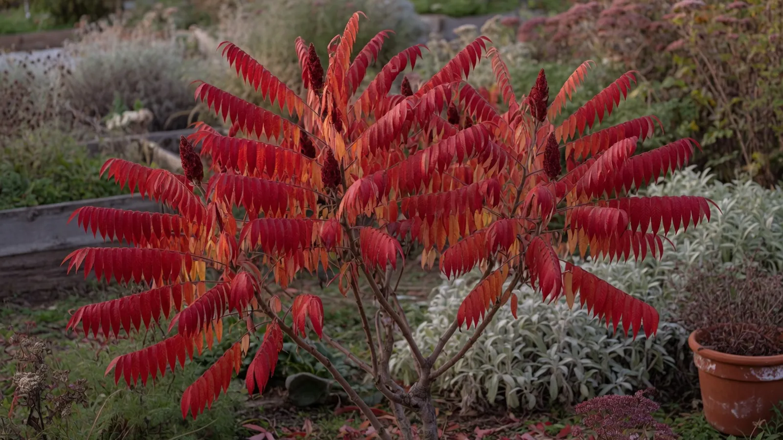 A mature sumac shrub displaying vibrant crimson autumn leaves in a garden setting.