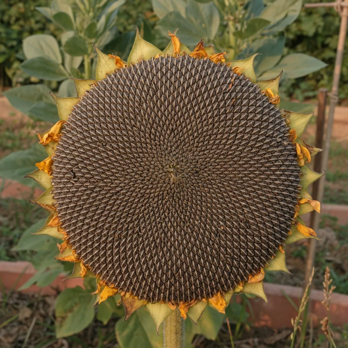 A close-up view of a fully mature sunflower head displaying tightly packed edible seeds.