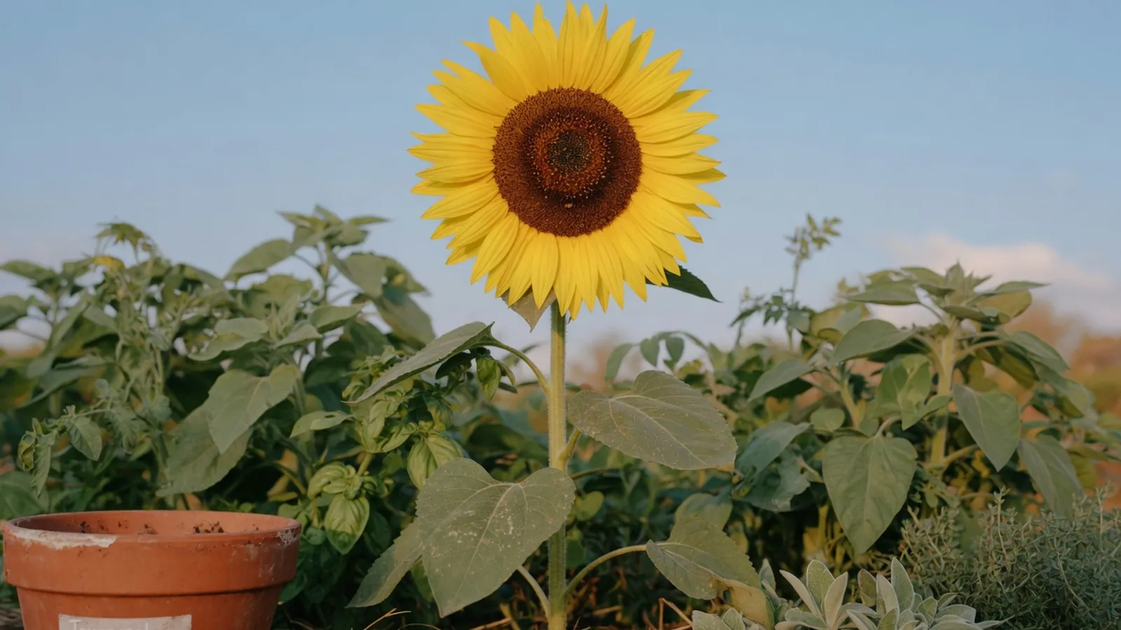 A single bright yellow sunflower in full bloom against a clear blue sky.