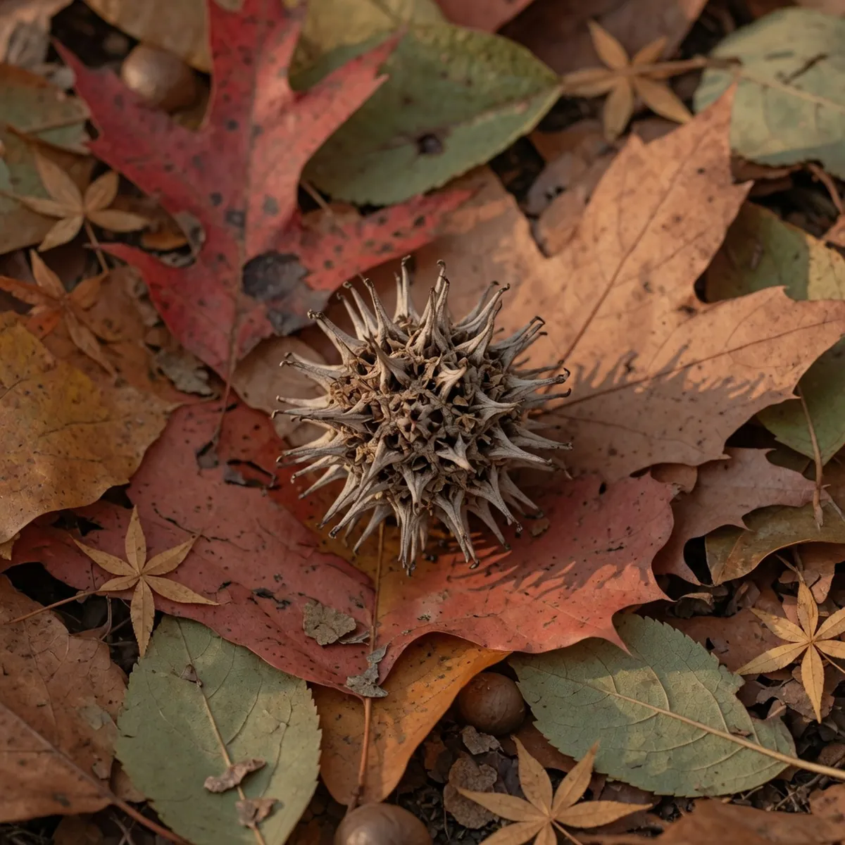 A close-up of a single dry, spiky sweet gum fruit resting on a bed of fallen leaves.