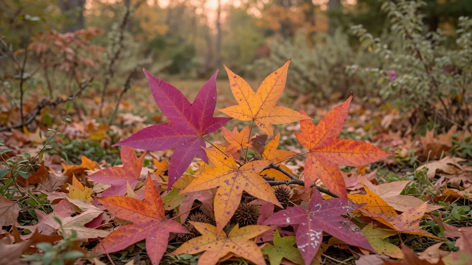 A cluster of star-shaped sweet gum leaves displaying vibrant autumn hues of fuchsia purple, orange, and yellow.