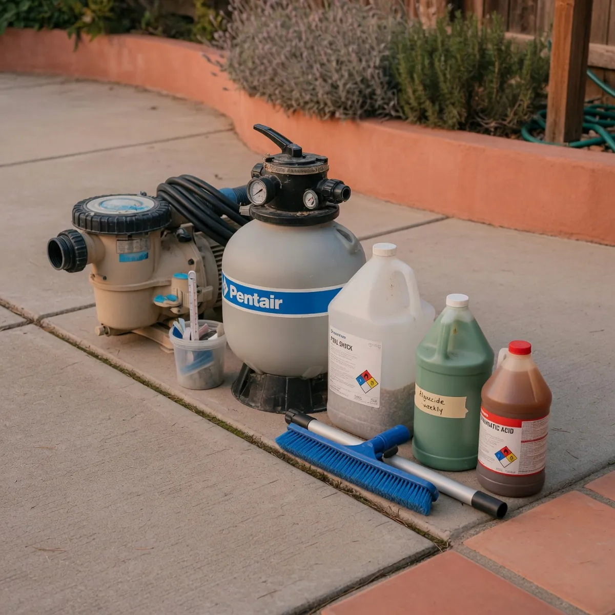 A row of pool maintenance equipment including a pump, filter canister, and chemical containers arranged neatly on a concrete patio.