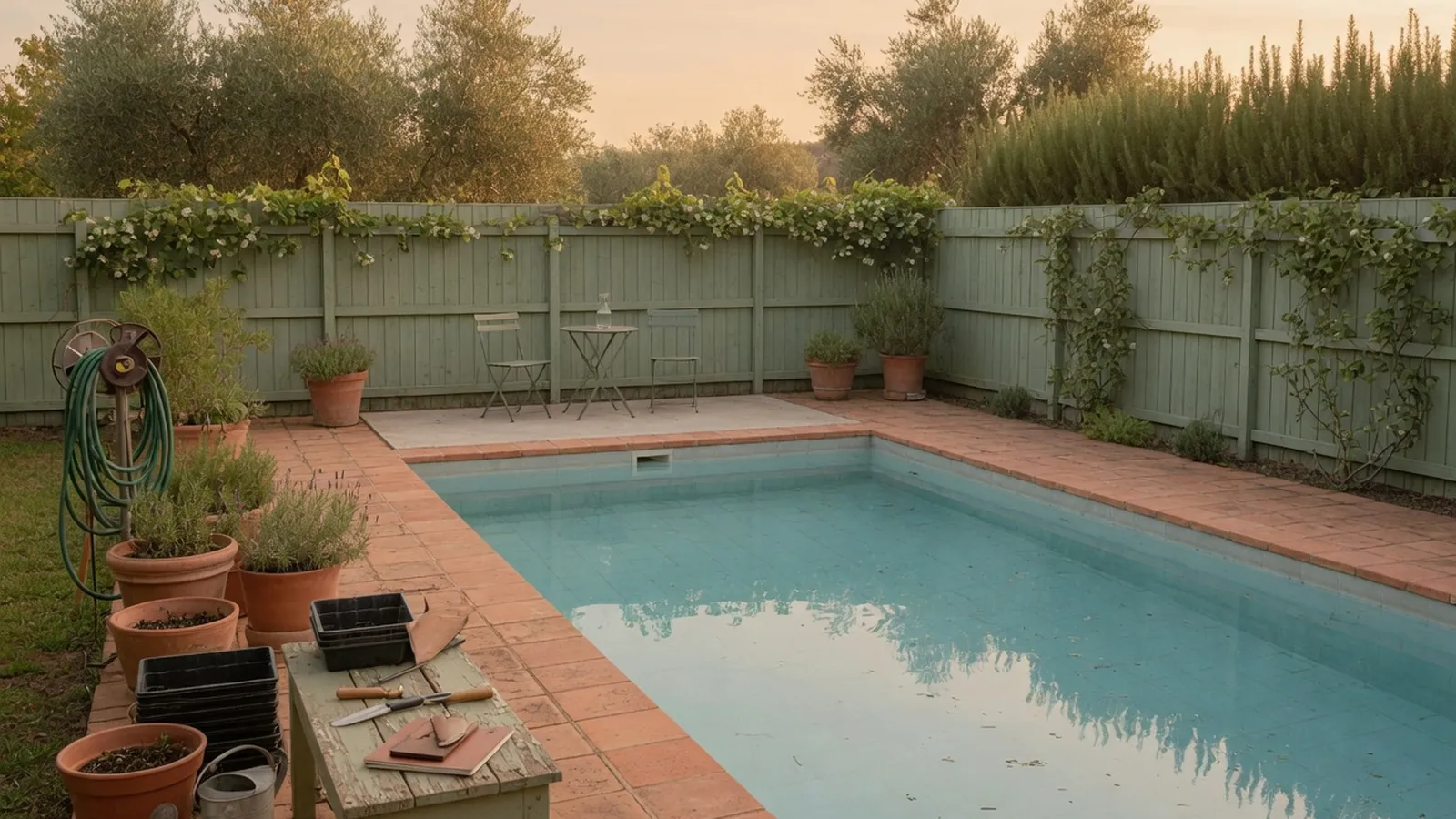 A pristine rectangular swimming pool with clear blue water set in a spacious backyard.
