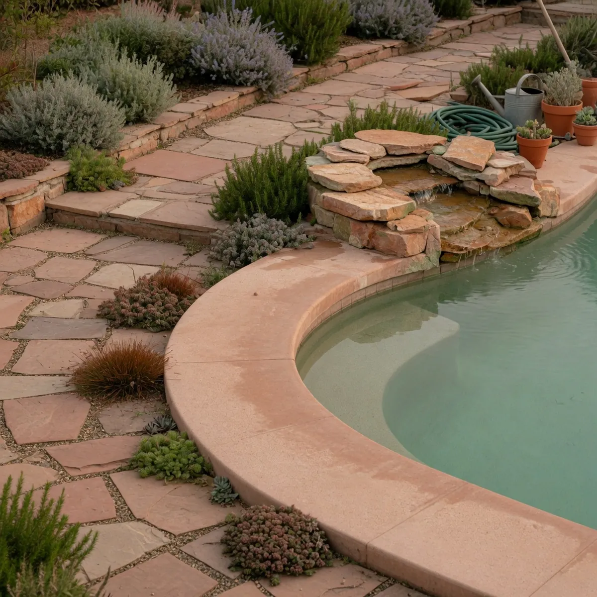 A pool edge with a tanning ledge and rock waterfall integrated into natural landscaping with varied textures