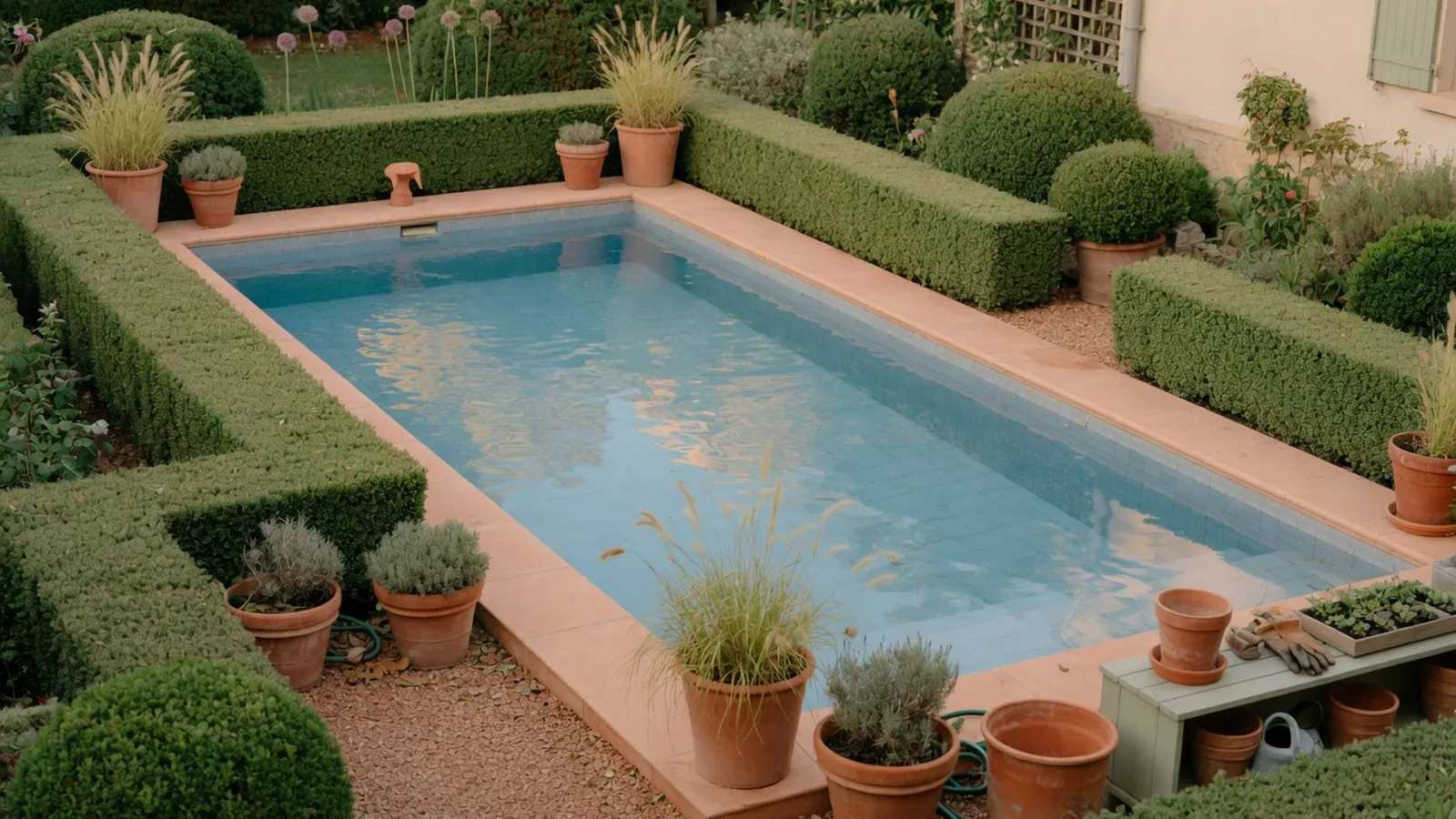 A rectangular swimming pool surrounded by manicured garden beds and ornamental grasses under bright daylight