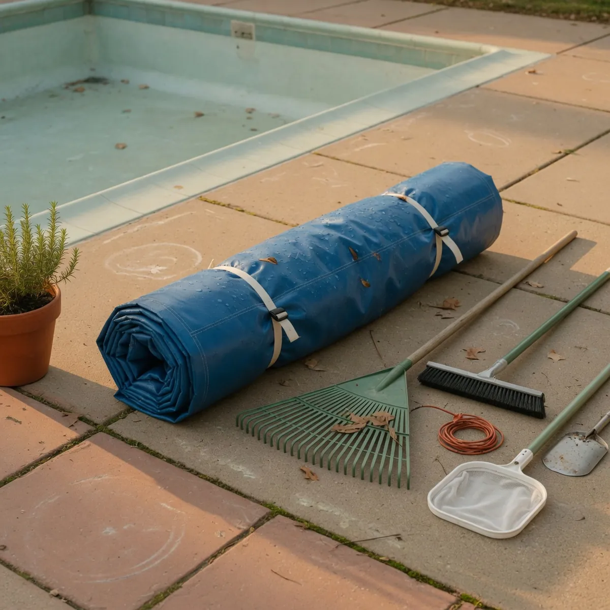 A rolled pool cover and cleaning tools arranged on a sunny concrete deck.