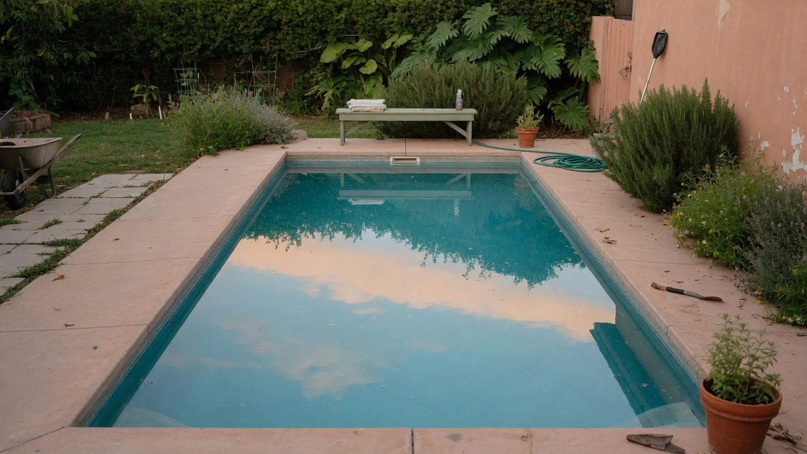A clear backyard swimming pool reflecting the sky and surrounded by greenery.