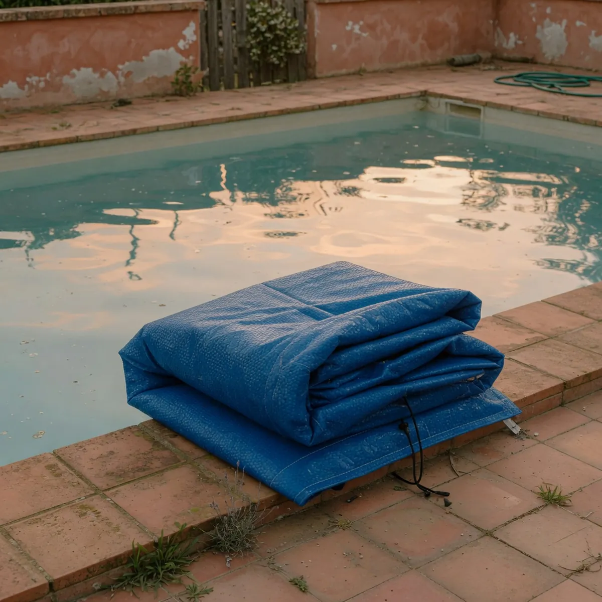 A folded blue solar pool cover resting on the edge of a clear outdoor swimming pool.
