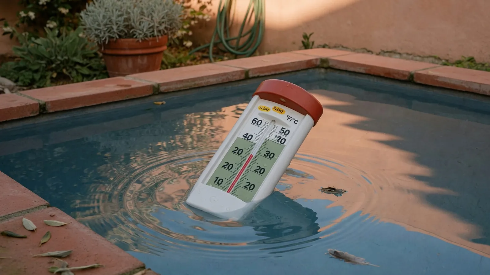 A floating pool thermometer displaying a temperature reading, resting on calm blue water in a sunny backyard.