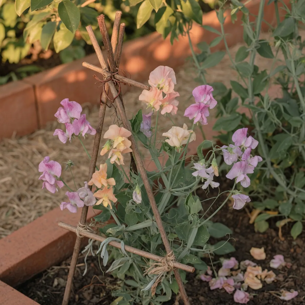 A cluster of delicate sweet pea blossoms in pastel shades climbing a slender garden support structure.