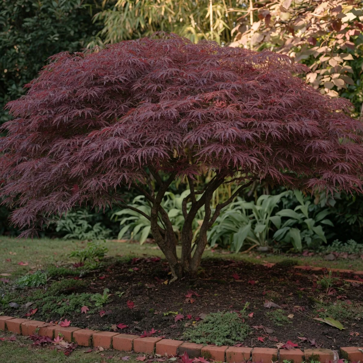 A Tamukeyama Japanese Maple with deeply cut maroon and purple leaves standing in a quiet garden bed.