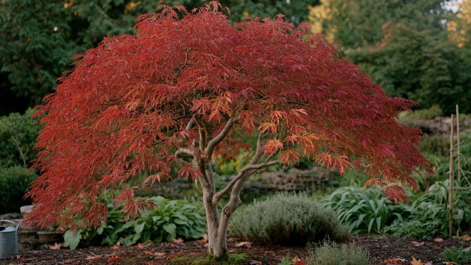 A Tamukeyama Japanese Maple tree with cascading crimson laceleaf foliage in a peaceful garden.