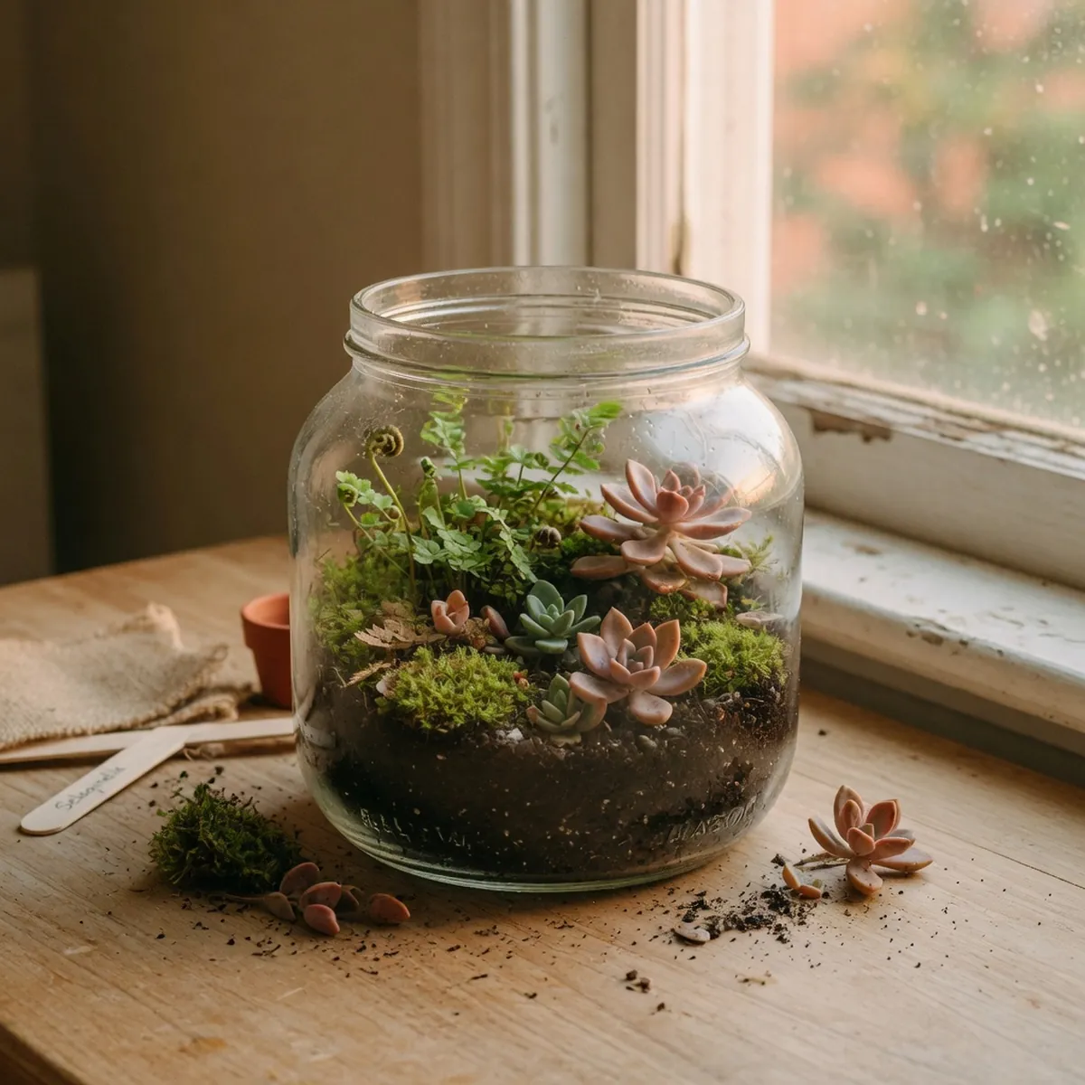 A glass jar terrarium filled with low-growing moss, miniature ferns, and tiny succulents arranged on dark soil.