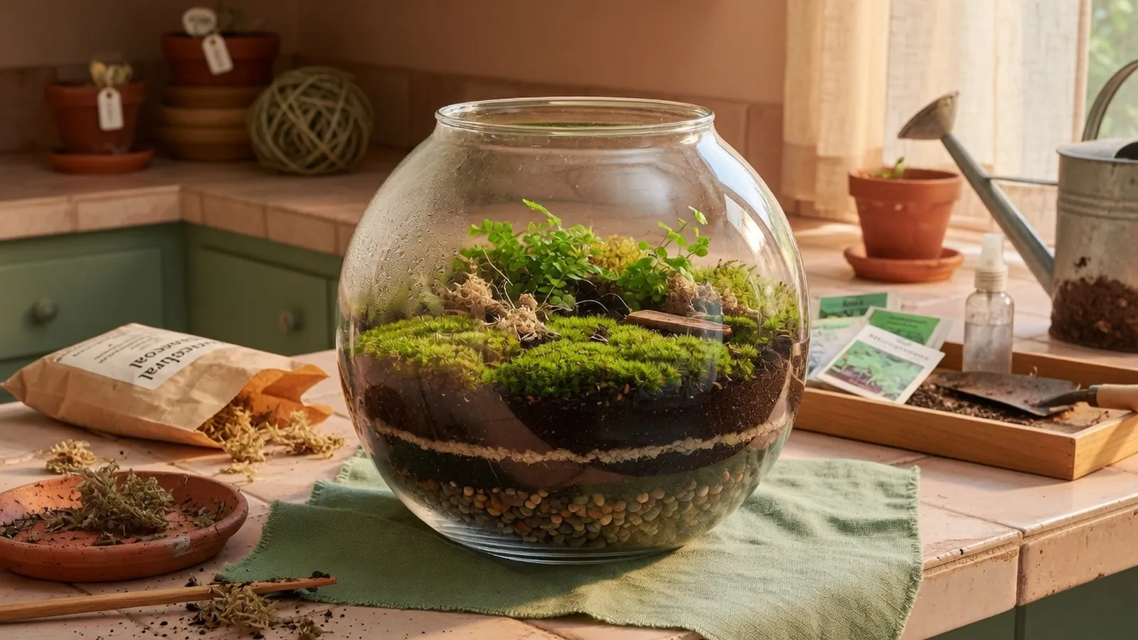 A clear glass globe terrarium displaying layered soil, stones, and vibrant green moss on a kitchen counter.