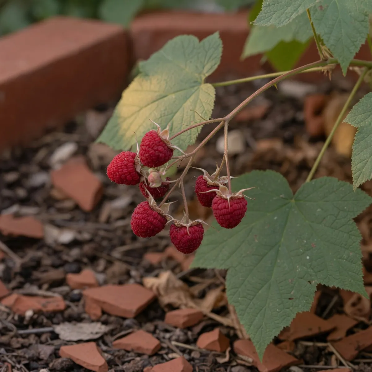A cluster of ripe, soft red thimbleberry fruits hanging from a thornless stem among green palmately-lobed leaves.