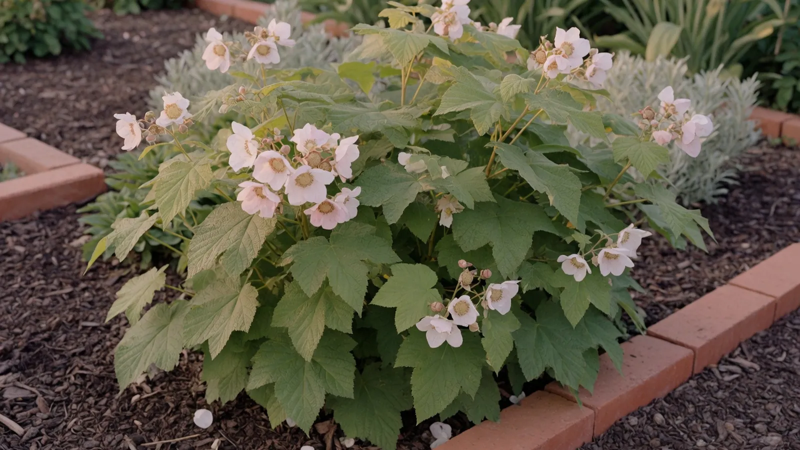 A vibrant thimbleberry shrub in full bloom with delicate white and pink flower clusters against a backdrop of lush green foliage.