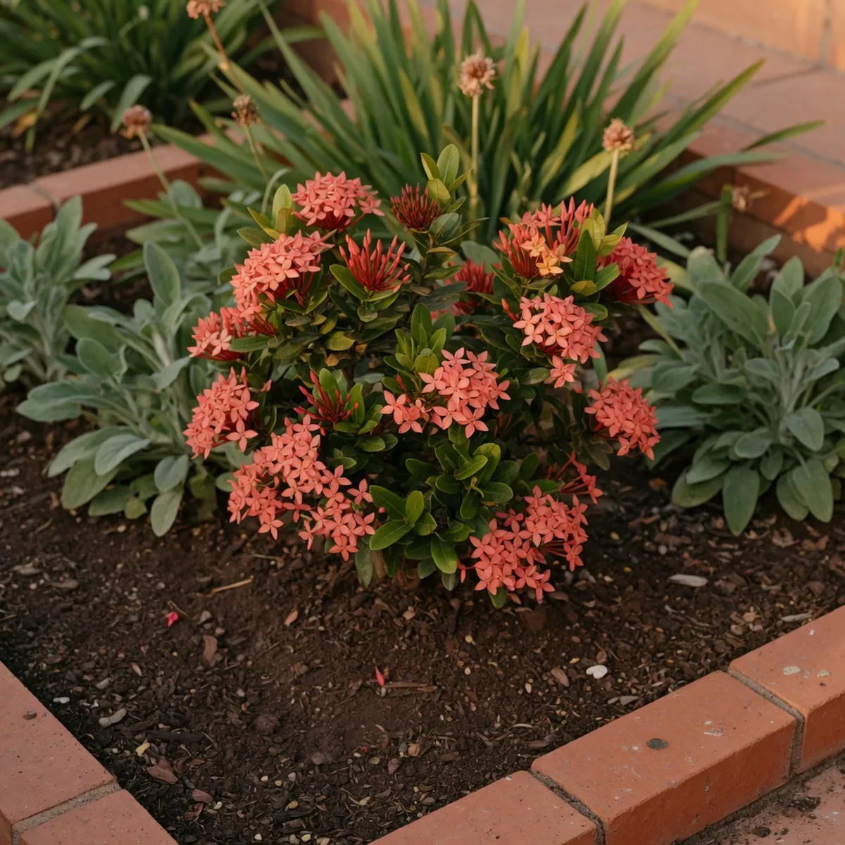 A healthy Ixora shrub planted in dark, loose soil within a sunny garden bed.