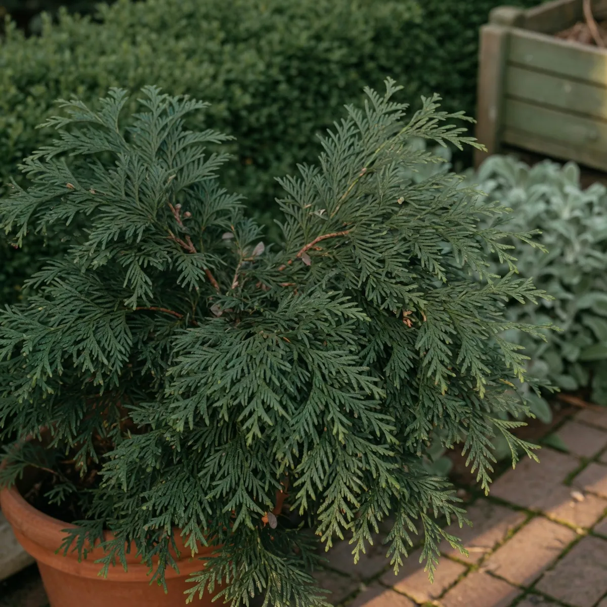 A close-up of Thuja Green Giant foliage showing dark green scaly leaves on ascending branches.