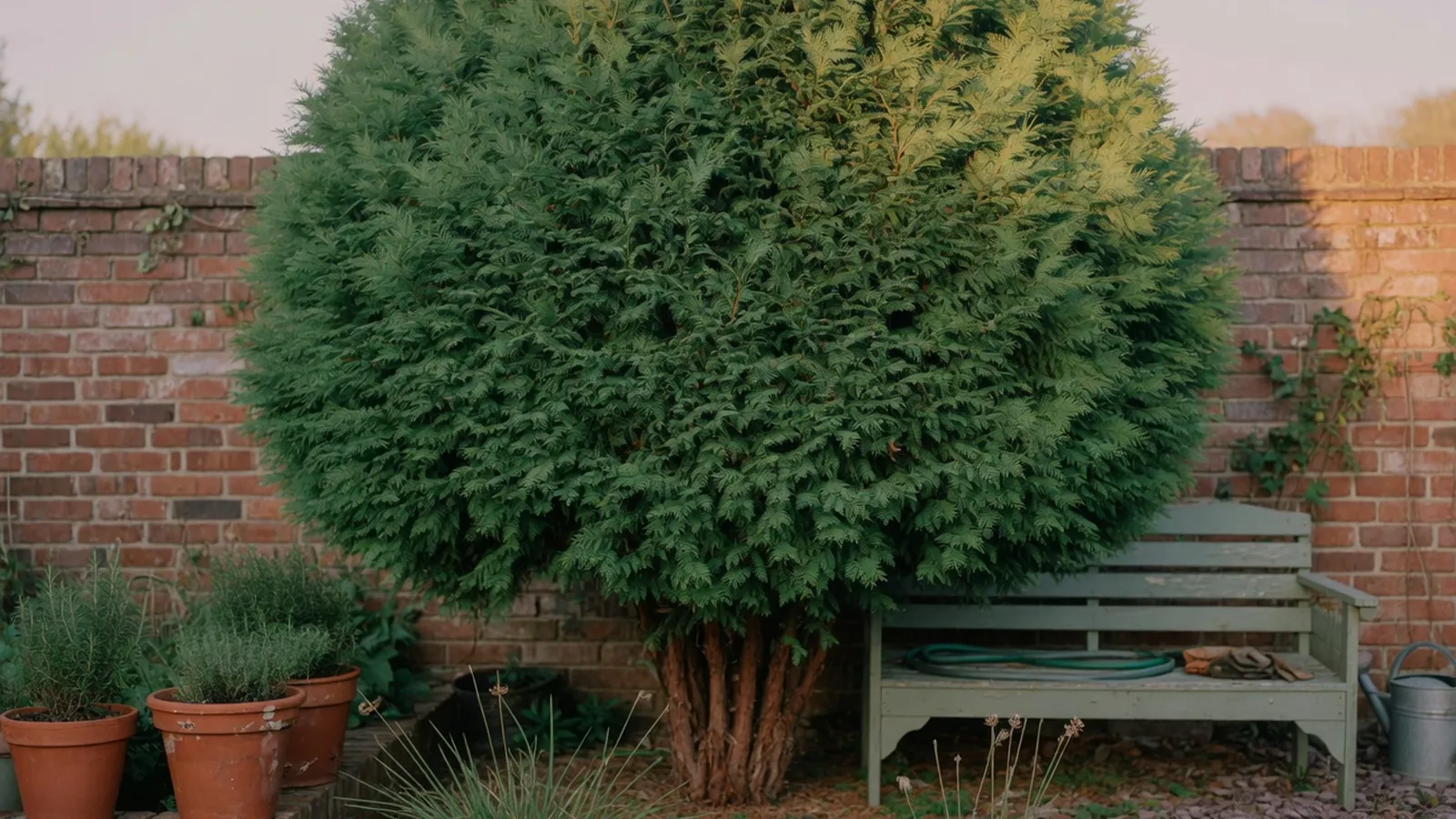 A mature Thuja Green Giant tree standing tall in a residential garden with a pyramidal shape and dense foliage.