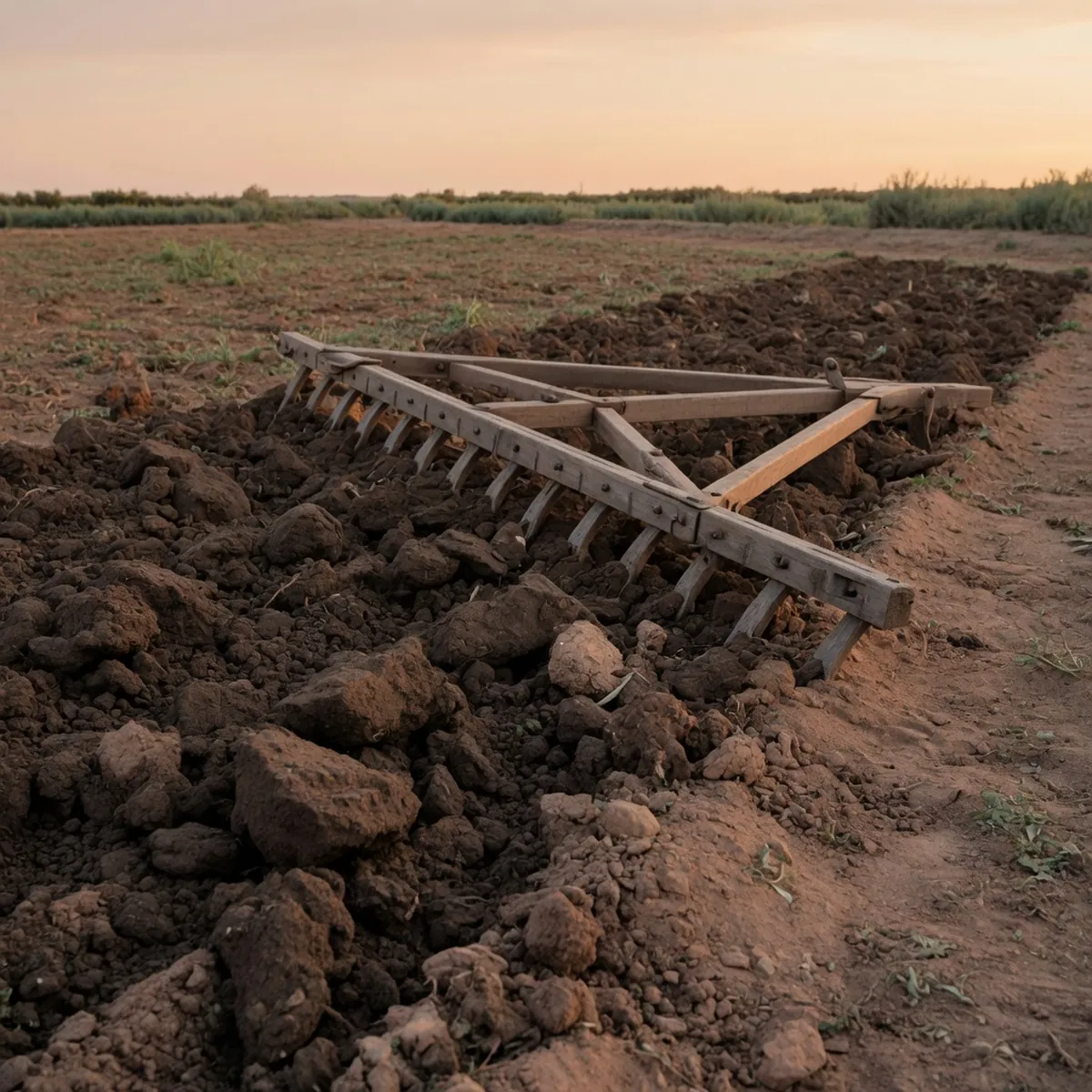A wooden harrow resting on dark soil that has been broken into fine clods.