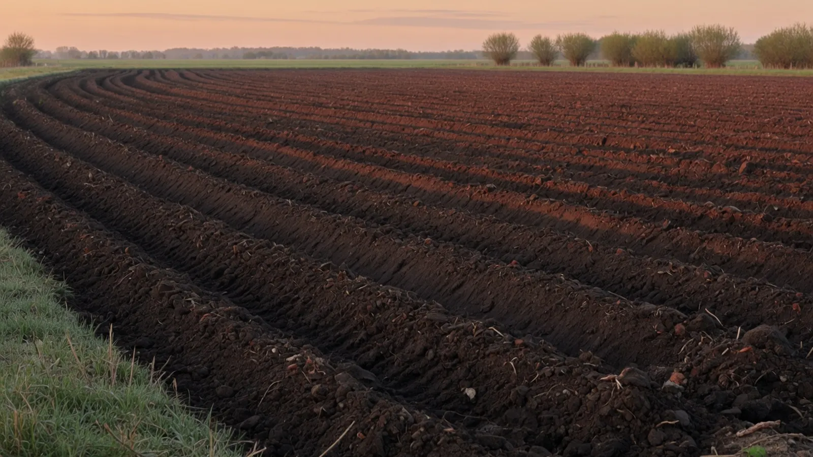 Rich, dark soil freshly turned and prepared for planting seeds.