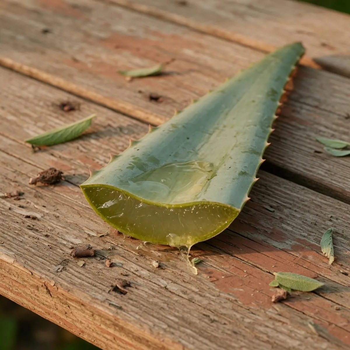 A harvested aloe vera leaf revealing its clear gel interior on a wooden cutting board.