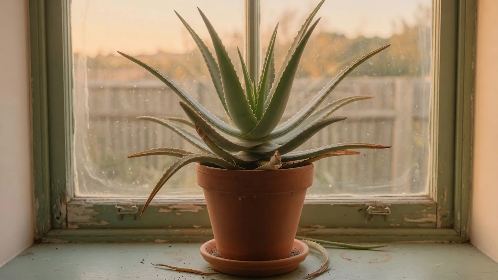A healthy aloe vera plant growing in a terracotta pot on a sunny windowsill.