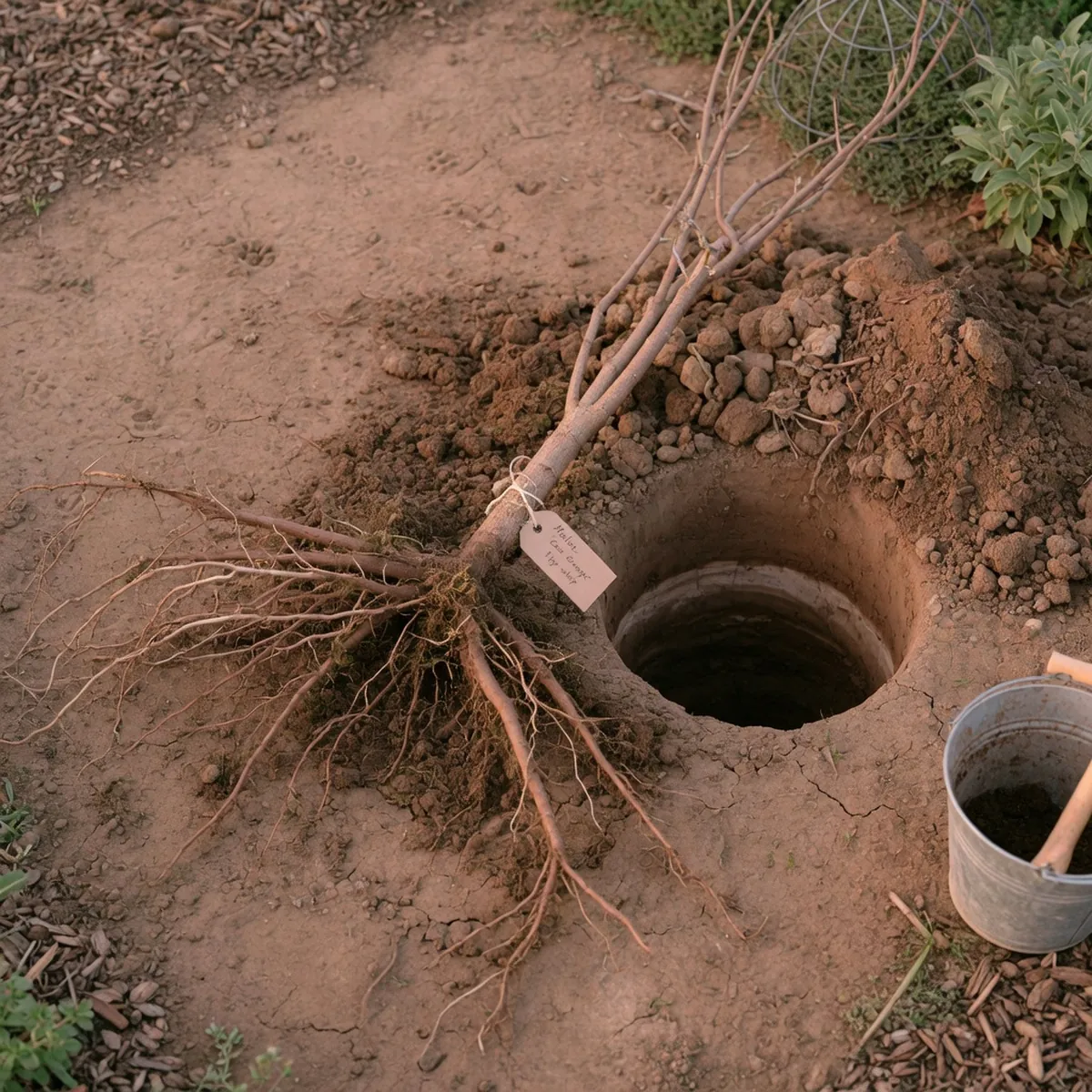 A bare-root apple whip with exposed roots resting on prepared garden soil beside a planting hole.