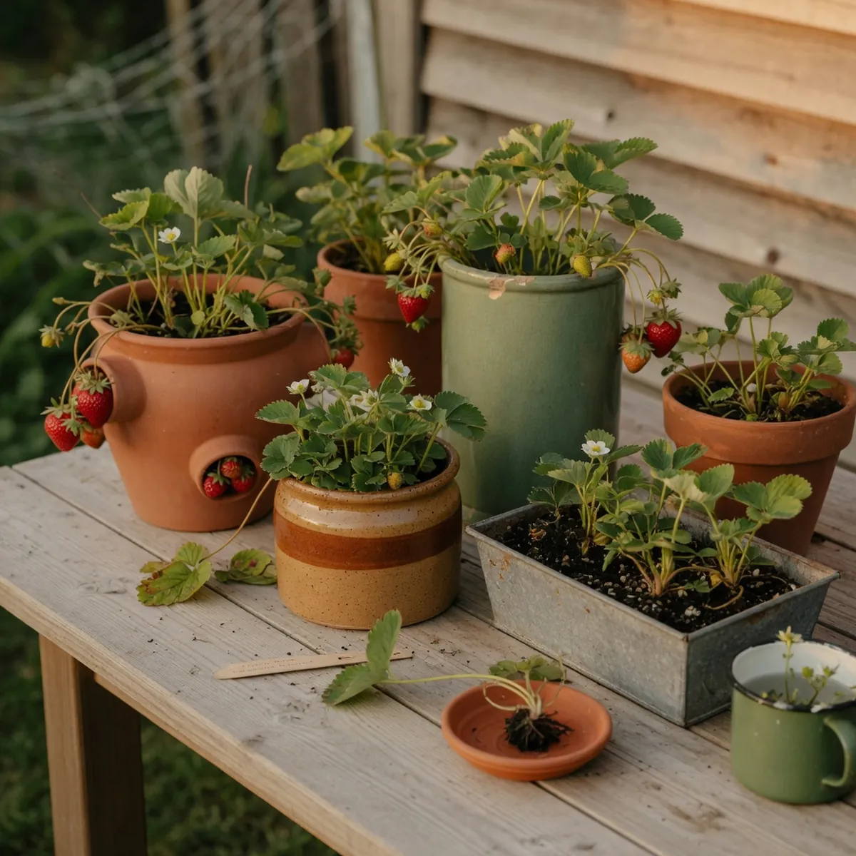 A variety of decorative containers filled with healthy strawberry plants and green foliage.