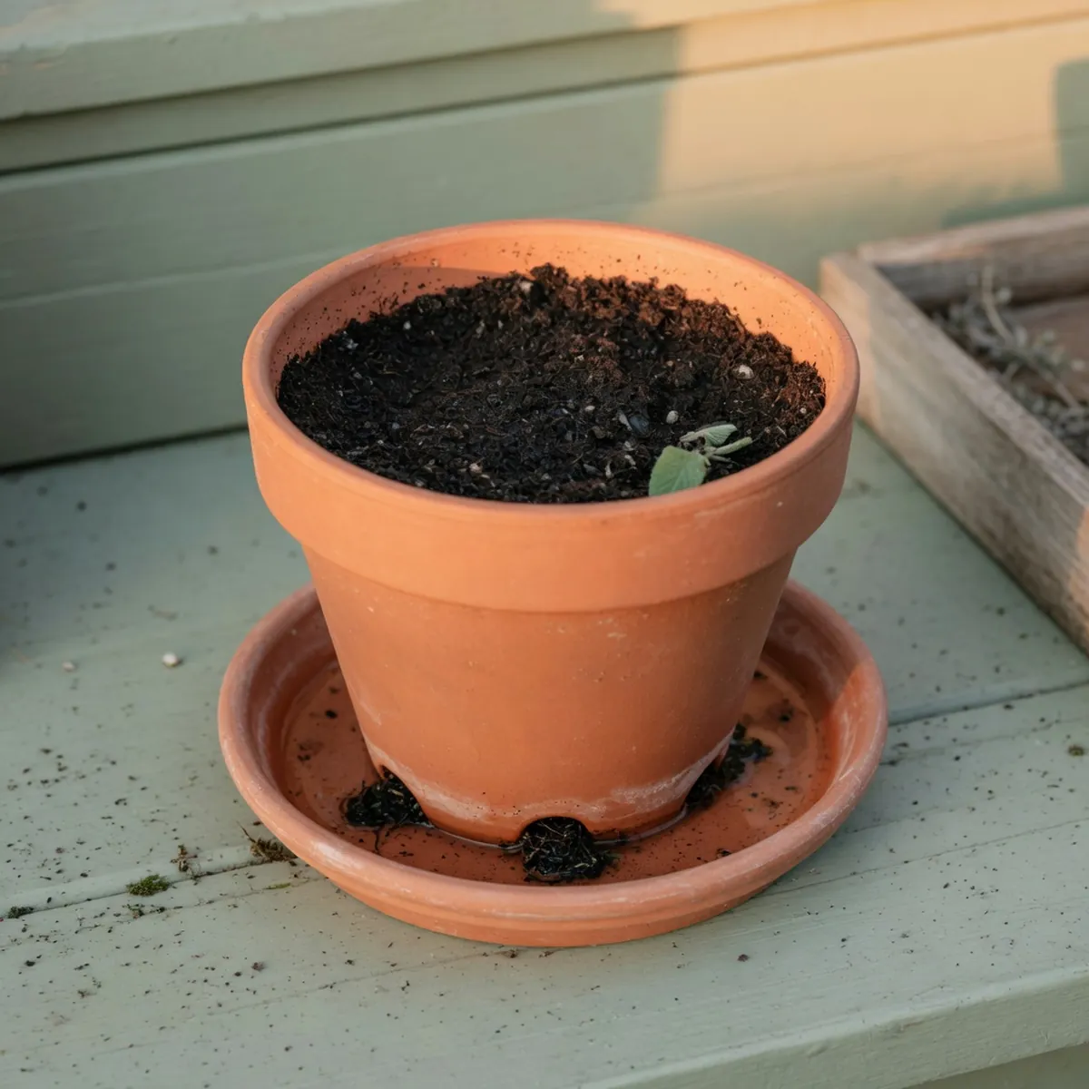 A close-up of a container with drainage holes at the bottom and moist soil.