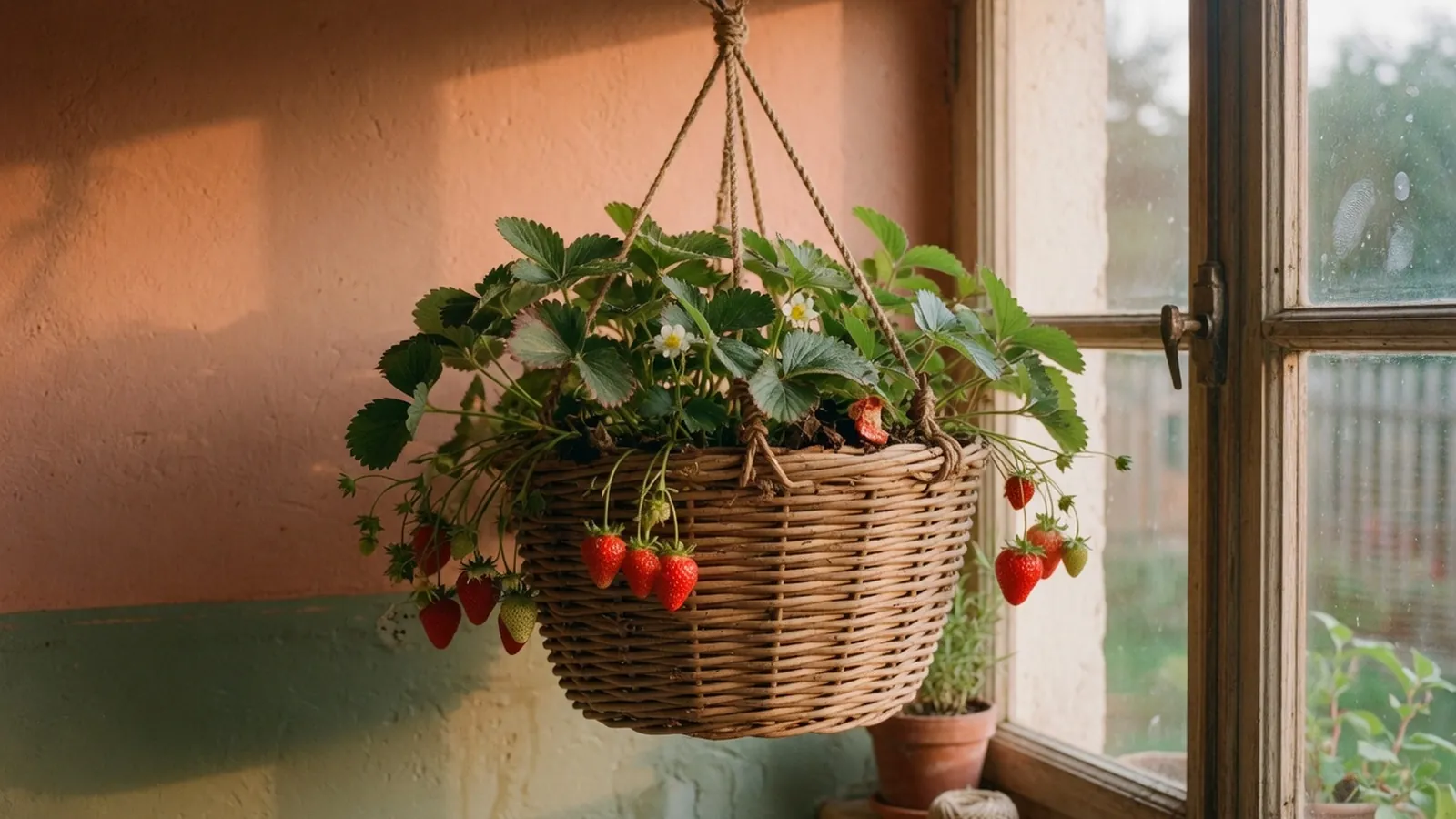 Ripe red strawberries hanging from a basket planter on a sunny windowsill.