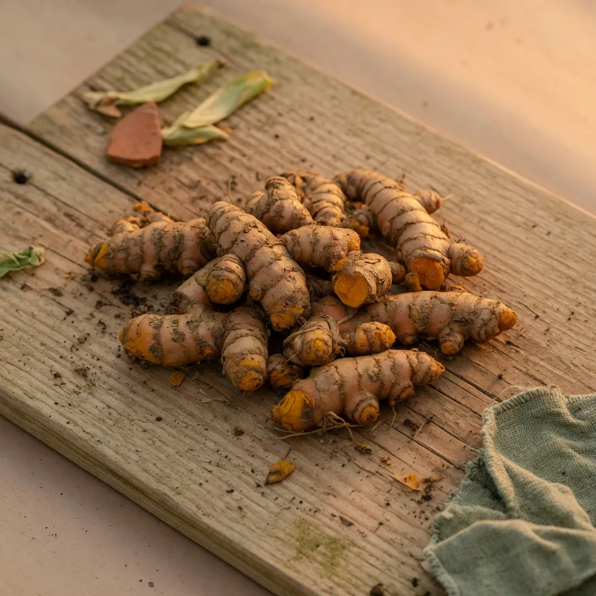 A cluster of freshly harvested turmeric rhizomes with soil clinging to their knobby surfaces.