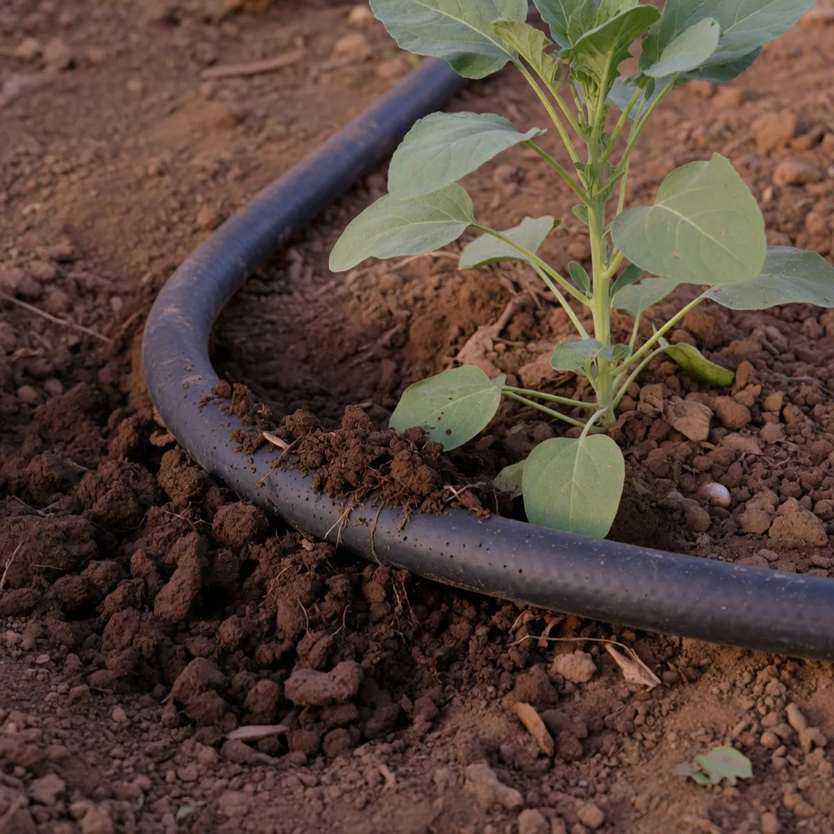 A soaker hose laid in a shallow trench beside a garden plant.