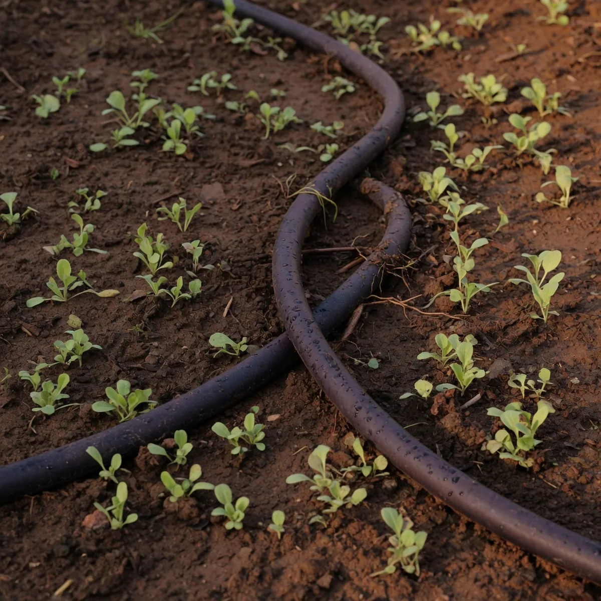 A soaker hose resting on damp soil among young garden plants.