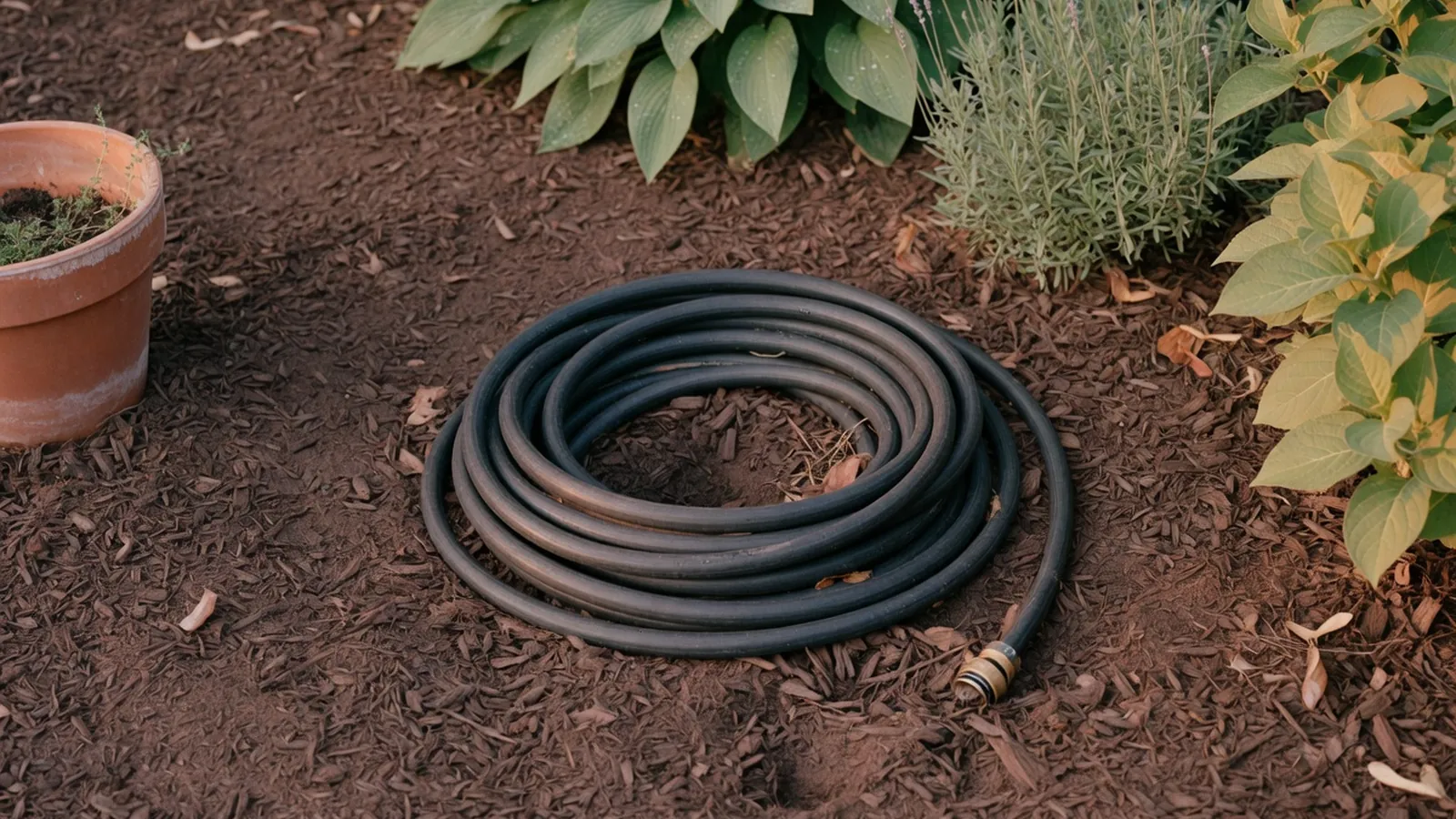 A coiled soaker hose ready for installation in a mulched garden bed.