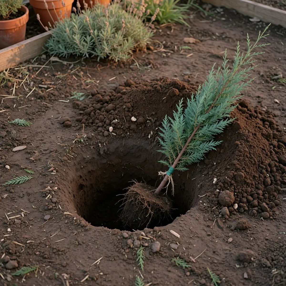 A freshly dug circular planting hole in dark garden soil with a young Leyland cypress sapling ready for planting.