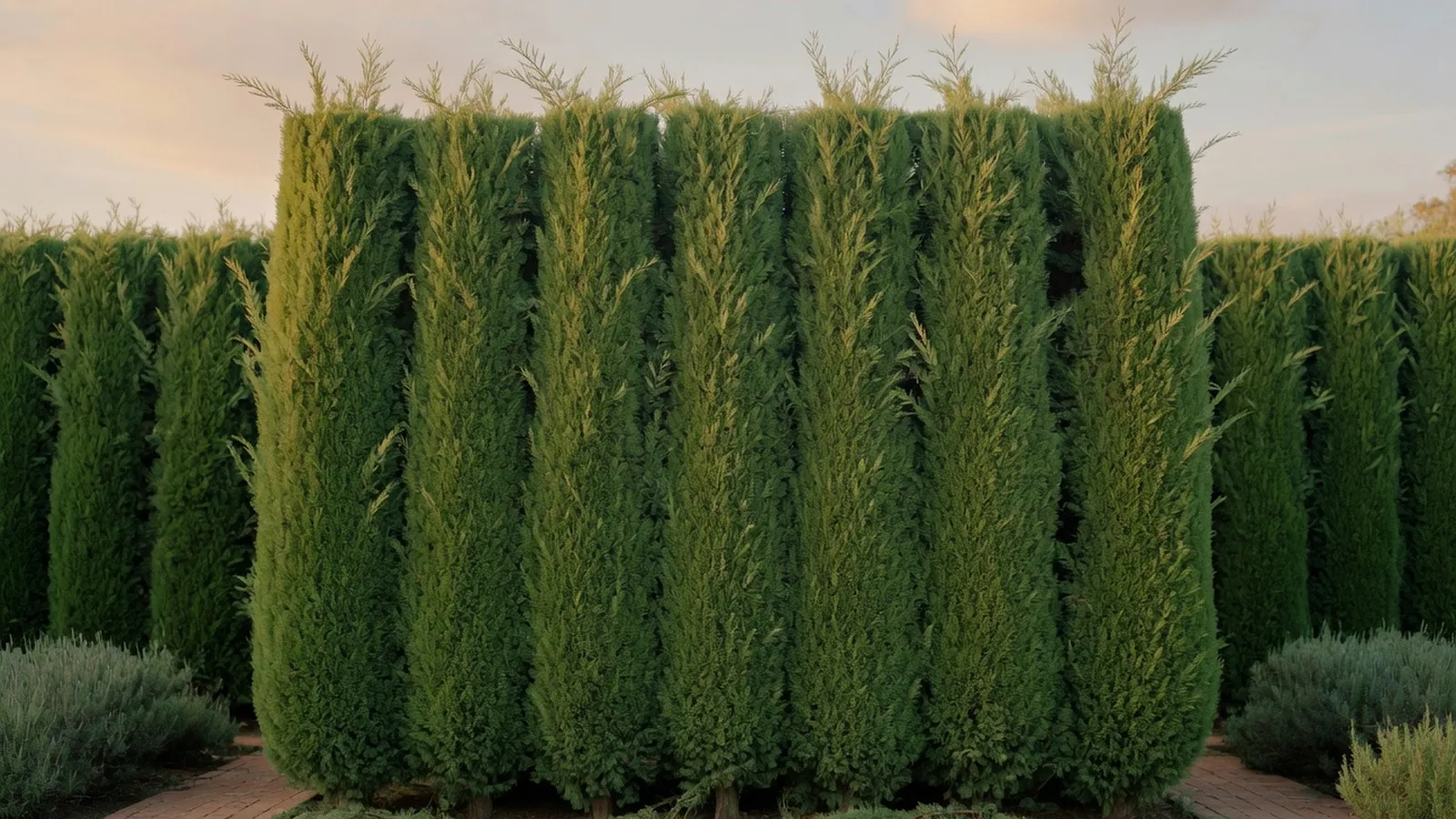 A dense, symmetrical row of mature Leyland cypress trees forming a tall green privacy screen against a soft blue sky.